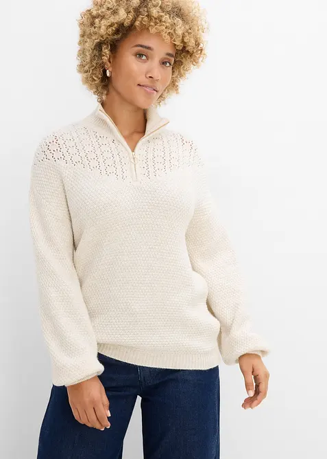 Troyer-Pullover mit Ajourmuster in beige von vorne (im Anschnitt) - bonprix