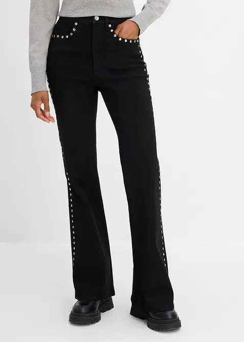 Flared-Jeans High Waist mit Nietenbesatz in schwarz von vorne - bonprix