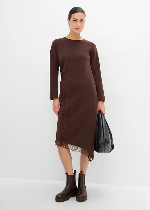 Asymmetrisches Midikleid mit Fransen in braun im Look von vorne (Totalaufnahme) - bonprix
