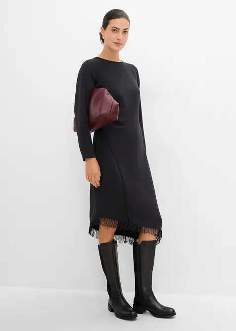 Asymmetrisches Midikleid mit Fransen in schwarz im Look von vorne (Totalaufnahme) - bonprix