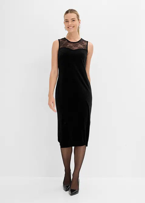 Kleid aus Samt mit Spitzeneinsatz in schwarz von vorne (Totalaufnahme) - bonprix