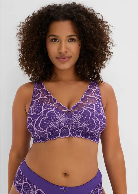 Minimizer Bralette mit zweifarbiger Spitze in lila von vorne (im Anschnitt) - bonprix