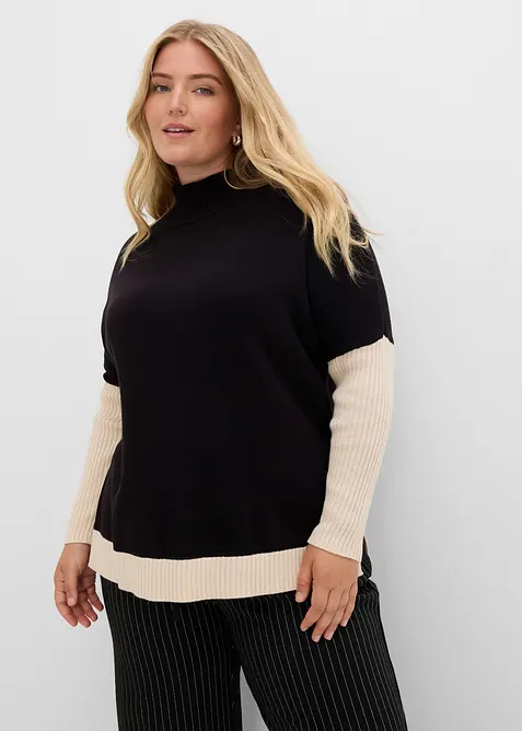 Loose-Fit Pullover mit seitlichem Schlitz aus Baumwoll-Mix in schwarz von vorne (im Anschnitt) - bonprix