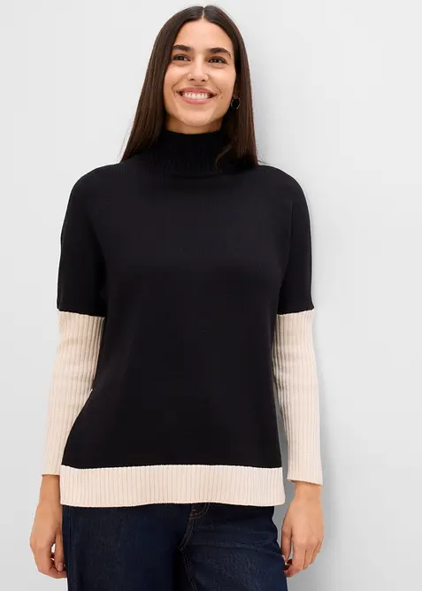 Loose-Fit Pullover mit seitlichem Schlitz aus Baumwoll-Mix in schwarz von vorne (im Anschnitt) - bonprix