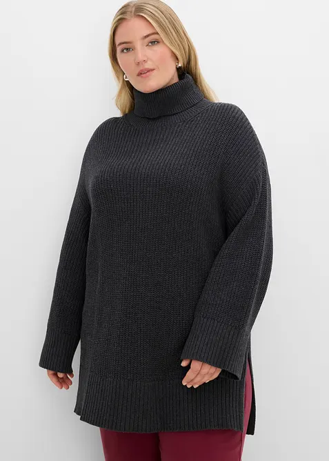 Oversize-Rollkragenpullover aus Baumwoll-Mix in grau von vorne (im Anschnitt) - bonprix
