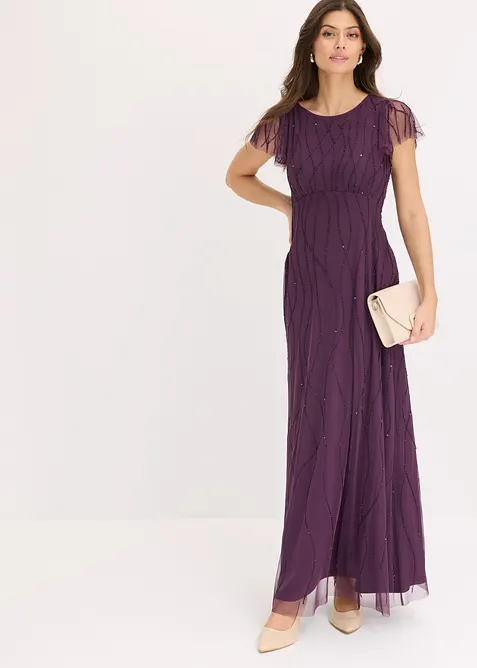 Maxikleid aus zartem Tüll mit Perlenstickerei in lila von vorne (Totalaufnahme) - bonprix