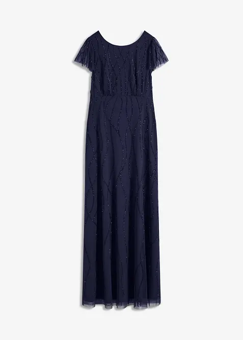 Maxikleid aus zartem Tüll mit Perlenstickerei in blau von vorne - bonprix