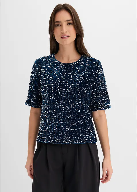 Pailletten-Shirt aus softem Samt in petrol von vorne (im Anschnitt) - bonprix