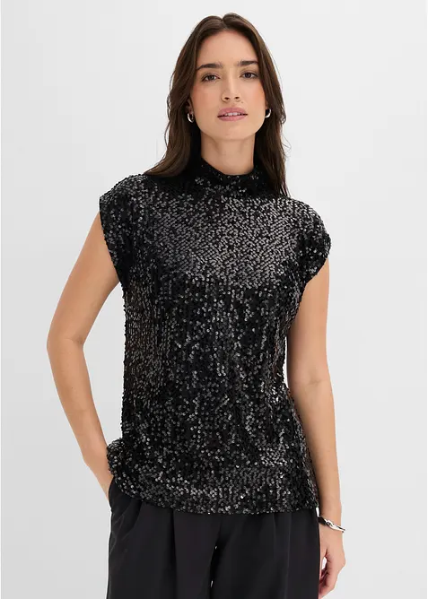 Hochgeschlossenes Pailletten-Top in schwarz von vorne (im Anschnitt) - bonprix