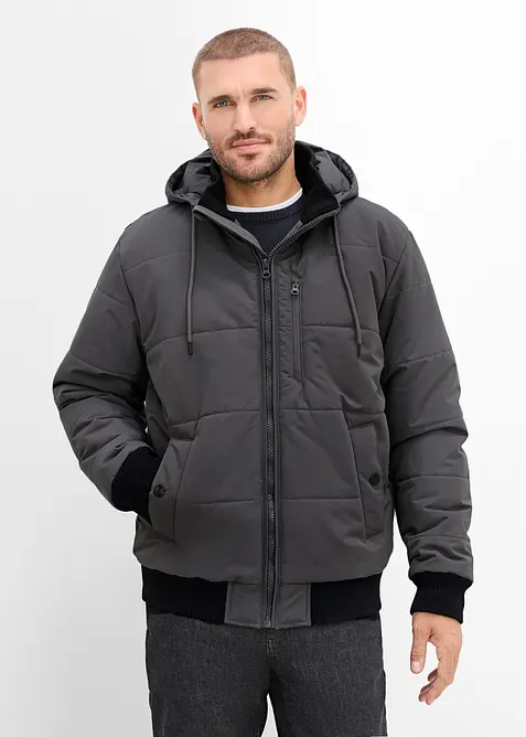 Winter-Steppjacke in Blousonform mit Kapuze in grau von vorne (im Anschnitt) - bonprix