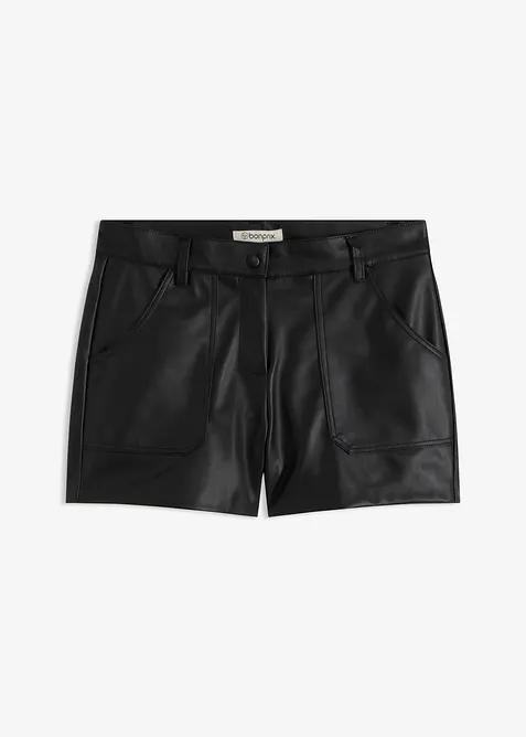 Lederimitat-Shorts in Mid Waist in schwarz von vorne - bonprix