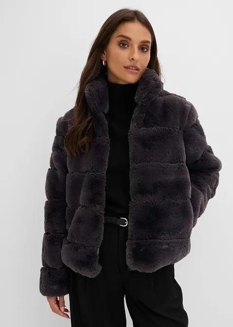 Fellimitat-Jacke mit Reißverschluss in grau von vorne (im Anschnitt) - bonprix