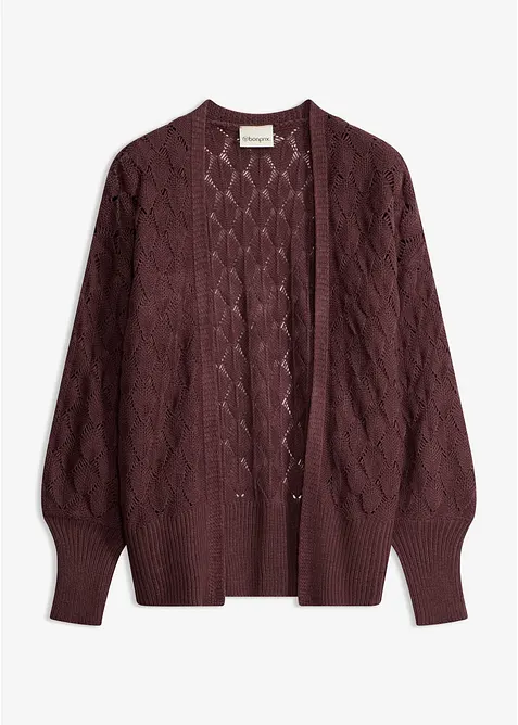 Ajour-Strickjacke mit Ballonärmel in lila von vorne - bonprix