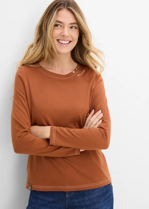 Langarmshirt mit Zierknöpfen in braun von vorne (im Anschnitt) - bonprix