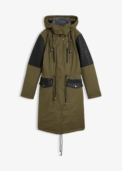 Long-Parka mit Lederimitateinsatz in grün von vorne - bonprix