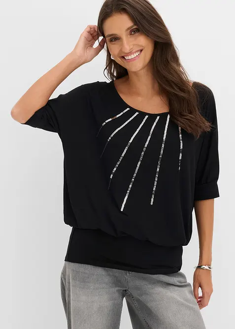 Shirt aus fließendem Viskose-Mix in schwarz von vorne (im Anschnitt) - bonprix