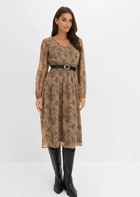Chiffonkleid mit elastischem Bund in braun im Look von vorne (Totalaufnahme) - bonprix