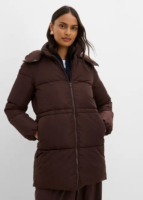 Puffer-Jacke mit abnehmbarer Kapuze in braun von vorne (im Anschnitt) - bonprix
