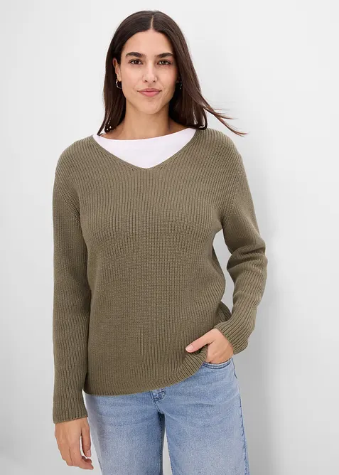 Rippstrickpullover aus reiner Bio-Baumwolle in grün von vorne (im Anschnitt) - bonprix