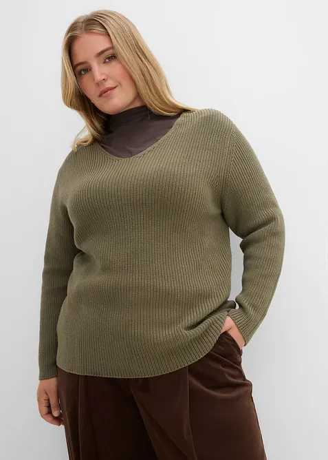 Rippstrickpullover aus reiner Bio-Baumwolle in grün von vorne (im Anschnitt) - bonprix