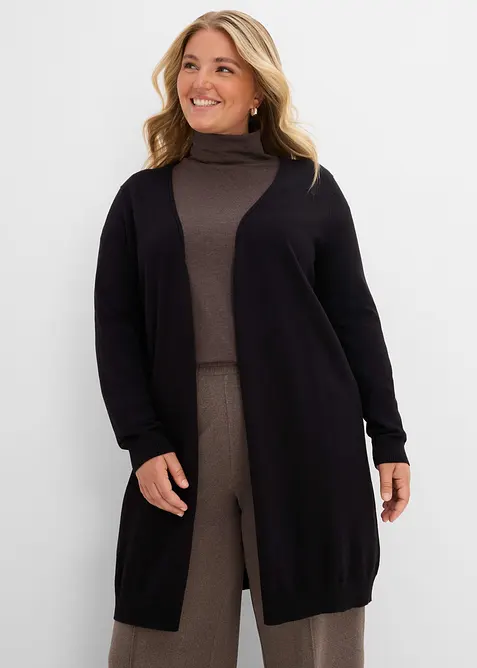Longstrickjacke mit Rollkanten in schwarz von vorne (im Anschnitt) - bonprix