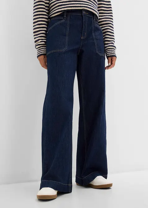 Wide-Leg-Jeans Mid Waist mit aufgesetzten Taschen in blau von vorne - bonprix