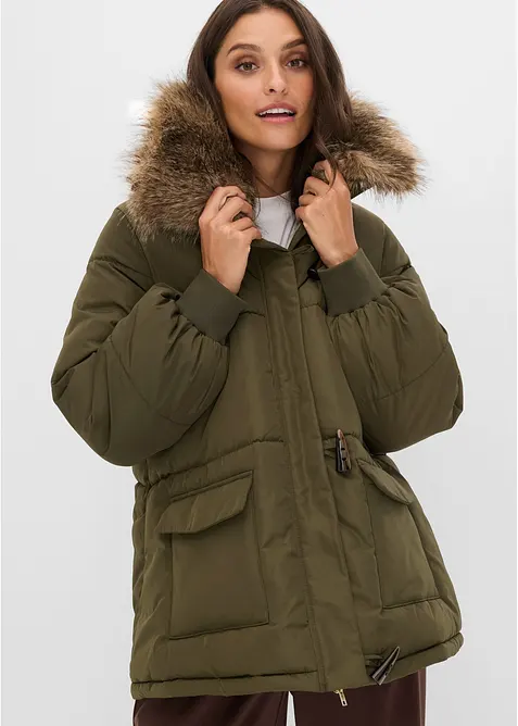 Puffer-Jacket mit abnehmbarem Kunstfellkragen in grün von vorne (im Anschnitt) - bonprix