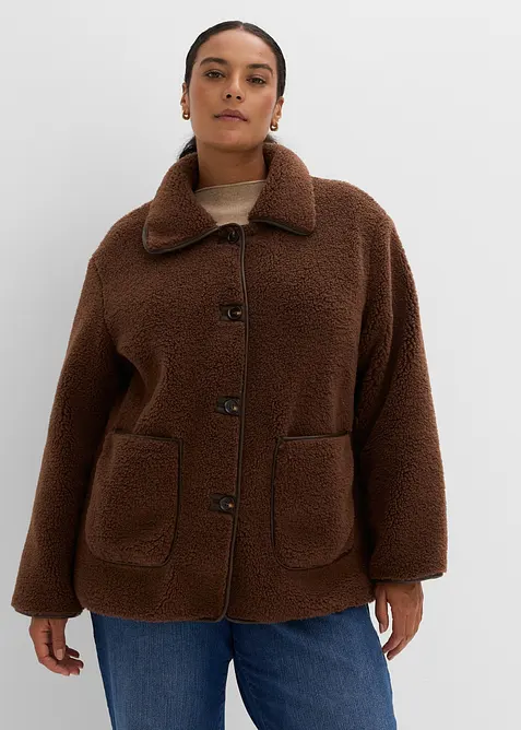 Jacke aus Teddyfell mit aufgesetzten Taschen in braun von vorne (im Anschnitt) - bonprix