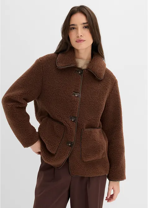 Jacke aus Teddyfell mit aufgesetzten Taschen in braun von vorne (im Anschnitt) - bonprix