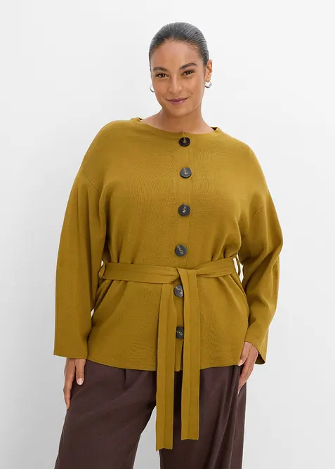 Strickjacke aus feinem Viskose-Mix in grün von vorne (im Anschnitt) - bonprix