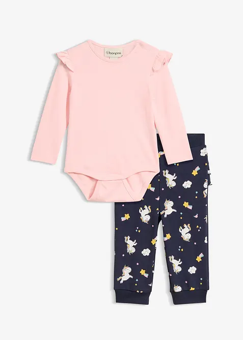 Langarmbody und Sweathose aus Bio-Baumwolle (2-tlg.Set) in rosa von vorne - bonprix