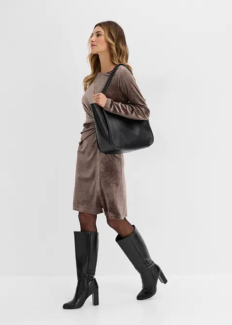 Jerseykleid aus softem Samt in braun im Look von vorne (Totalaufnahme) - bonprix