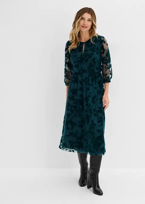 Midikleid mit Flockprint in petrol im Look von vorne (Totalaufnahme) - bonprix