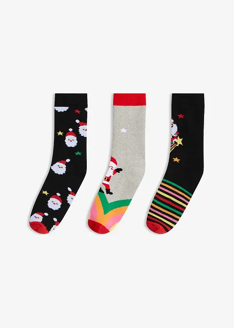 Thermo Socken mit Weihnachtsmotiv und Innenfleece (3er Pack) in schwarz von vorne - bonprix