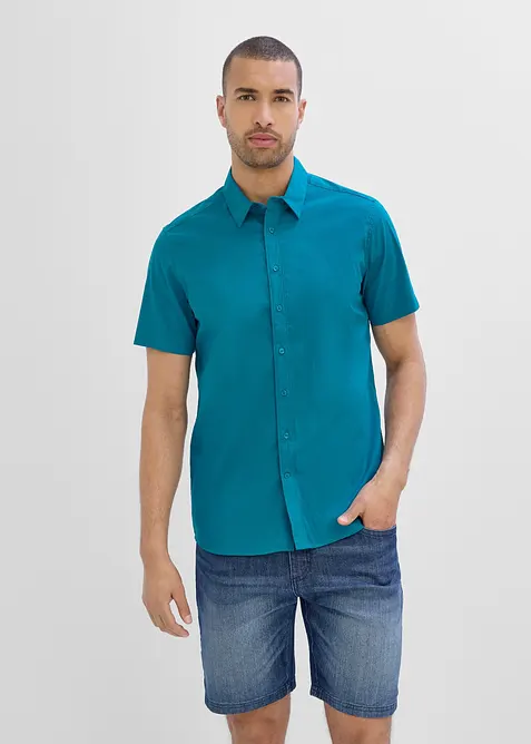 Kurzarmhemd in Slim Fit in petrol von vorne (im Anschnitt) - bonprix