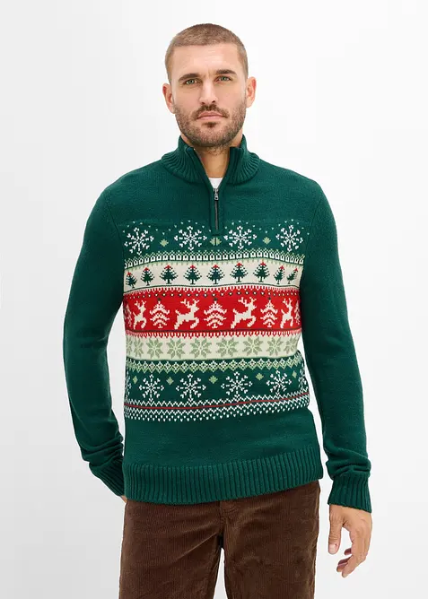 Norweger-Pullover mit Stehkragen in grün von vorne (im Anschnitt) - bonprix
