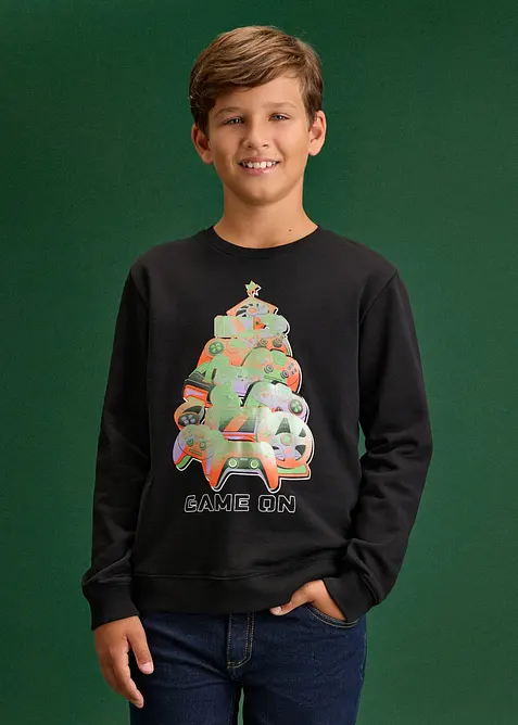 Weihnachtliches Sweatshirt aus weicher Bio Baumwolle in schwarz von vorne (im Anschnitt) - bonprix