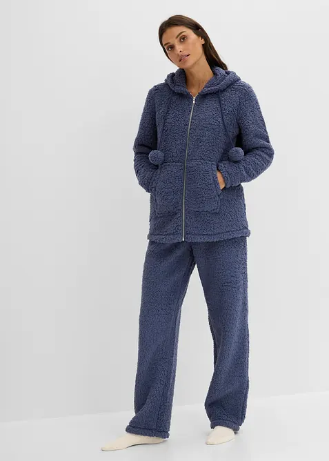 Loungewear Hausanzug aus Teddy Fleece in blau von vorne (Totalaufnahme) - bonprix