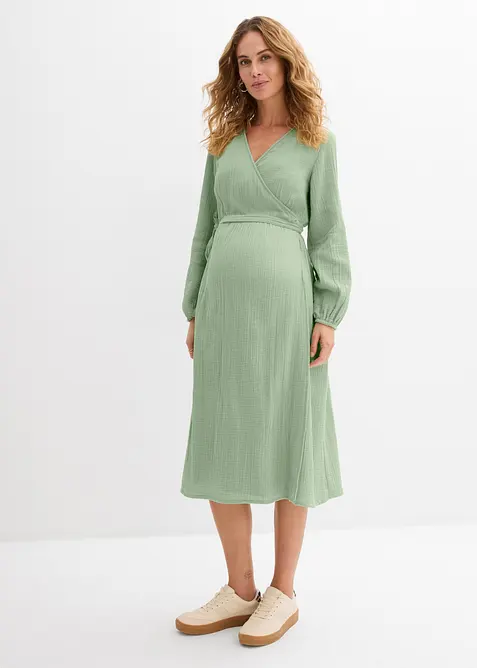 2-in-1 Umstands- und Stillkleid aus Baumwoll-Musselin in grün von vorne (Totalaufnahme) - bonprix