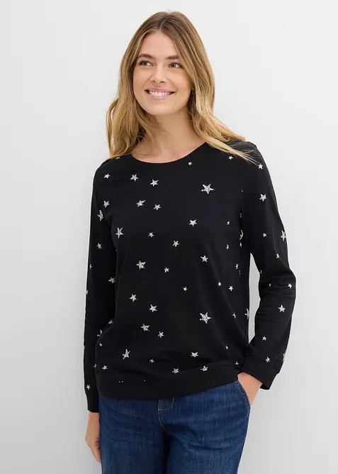 Bedrucktes Langarmshirt aus Baumwolle in schwarz von vorne (im Anschnitt) - bonprix