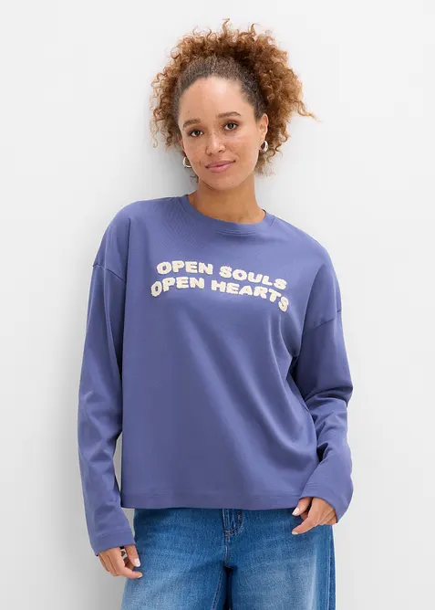 Oversize-Langarmshirt aus schwerer Bio-Baumwolle in blau von vorne (im Anschnitt) - bonprix