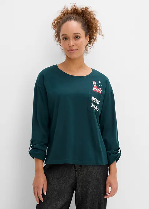 Weihnachtliches Langarmshirt aus reiner Bio-Baumwolle in grün von vorne (im Anschnitt) - bonprix