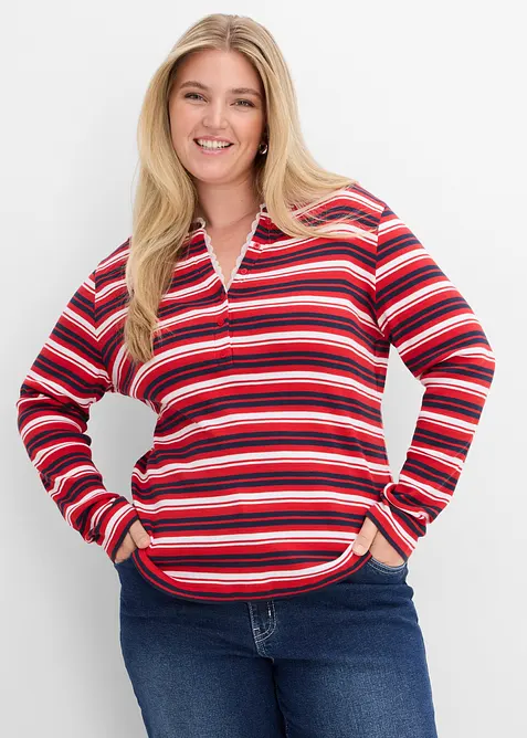 Langarmshirt mit Spitzenbesatz aus reiner Baumwolle in blau von vorne (im Anschnitt) - bonprix