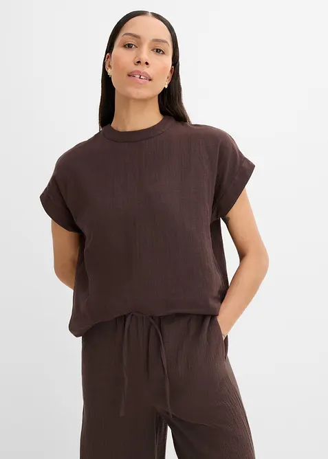 Musselin-Bluse aus reiner Baumwolle in braun von vorne (im Anschnitt) - bonprix