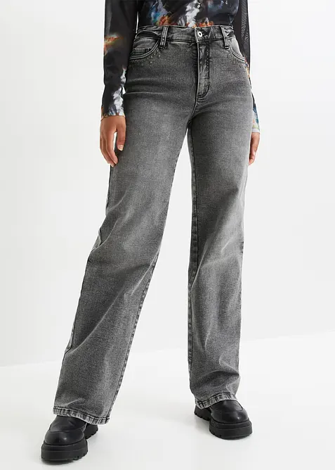 Wide-Leg-Jeans, High Waist mit Nietenbesatz in grau von vorne - bonprix