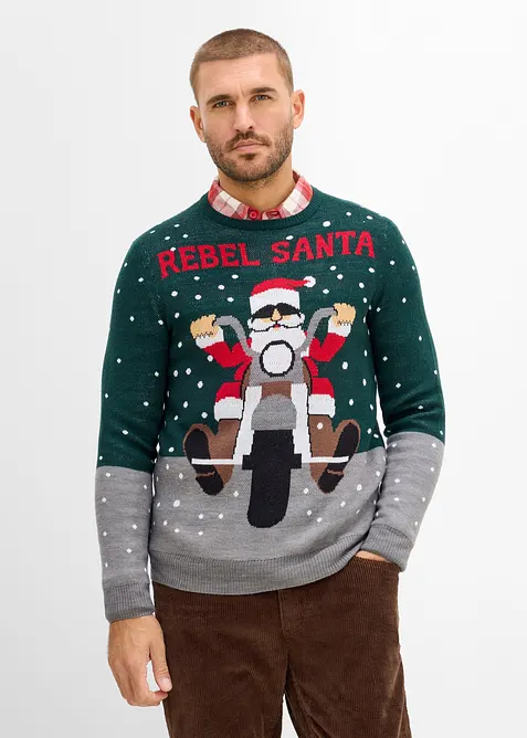 Pullover mit Weihnachtsmotiv in grün von vorne (im Anschnitt) - bonprix