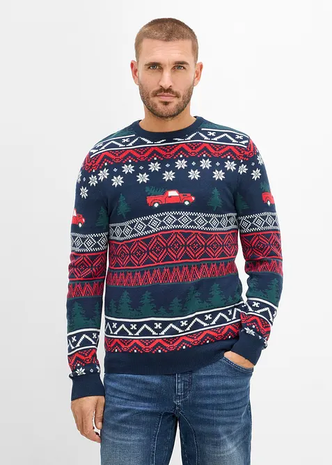 Feinstrickpullover mit Weihnachtsmotiv in blau von vorne (im Anschnitt) - bonprix