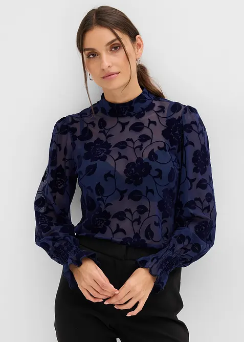 transparentes Langarmshirt mit Flockprint in blau von vorne (im Anschnitt) - bonprix
