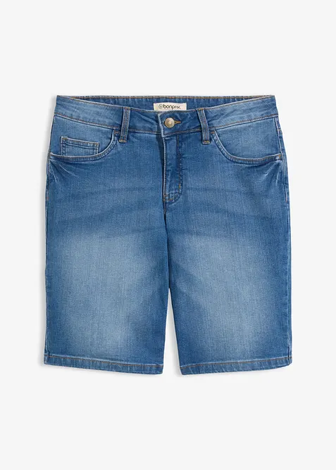 Stretch-Jeans-Bermuda mit farbigem Umschlag in blau von vorne - bonprix
