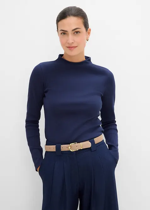 Geripptes Langarmshirt in blau von vorne (im Anschnitt) - bonprix